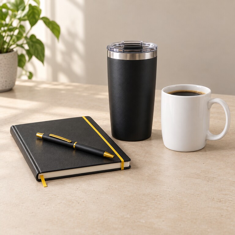 Agenda negra con pluma, termo negro y taza blanca sobre una mesa beige.