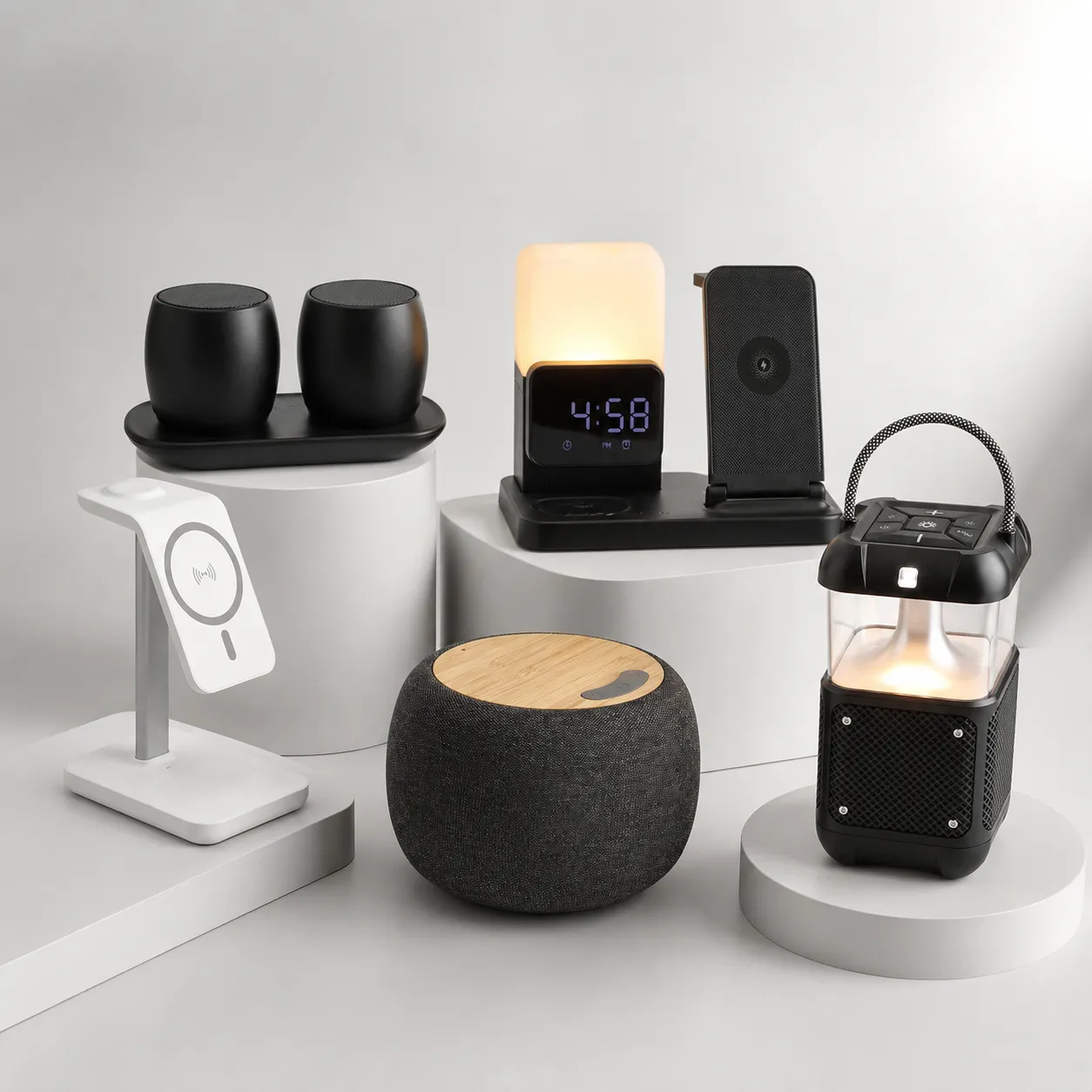 Spotlight de artículos de tecnología promocional para empresas, con bocinas, cargadores y accesorios personalizados.
