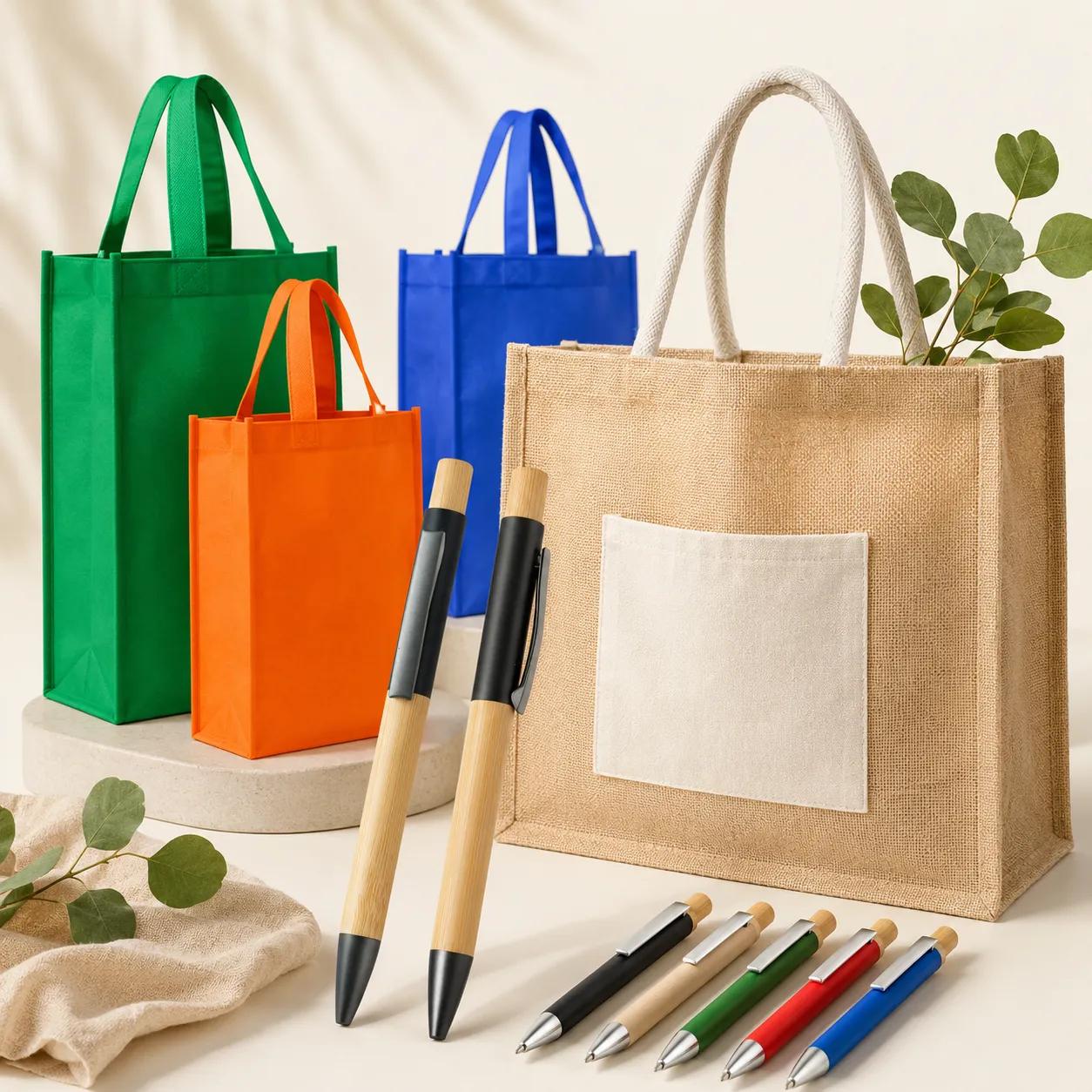 Spotlight de productos promocionales ecológicos personalizados para empresas, elaborados con materiales sustentables.